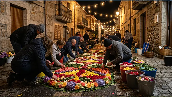 Alfombristas preparando alfombras florales para la Festa da Coca de Redondela