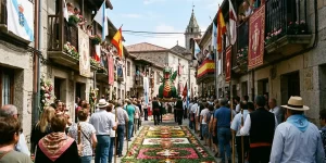 Festa da Coca de Redondela con alfombras florales y la figura del dragón