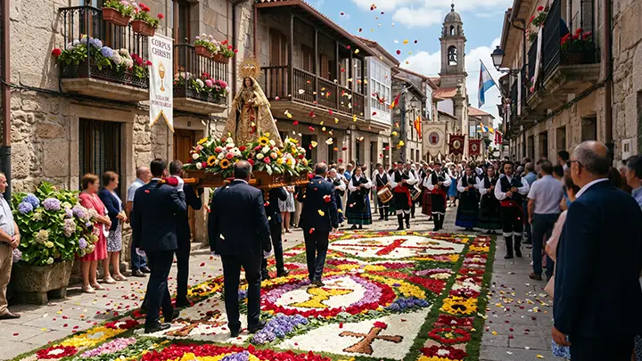 Procesión de la Virxe da Gabacha sobre alfombras florales en Redondela